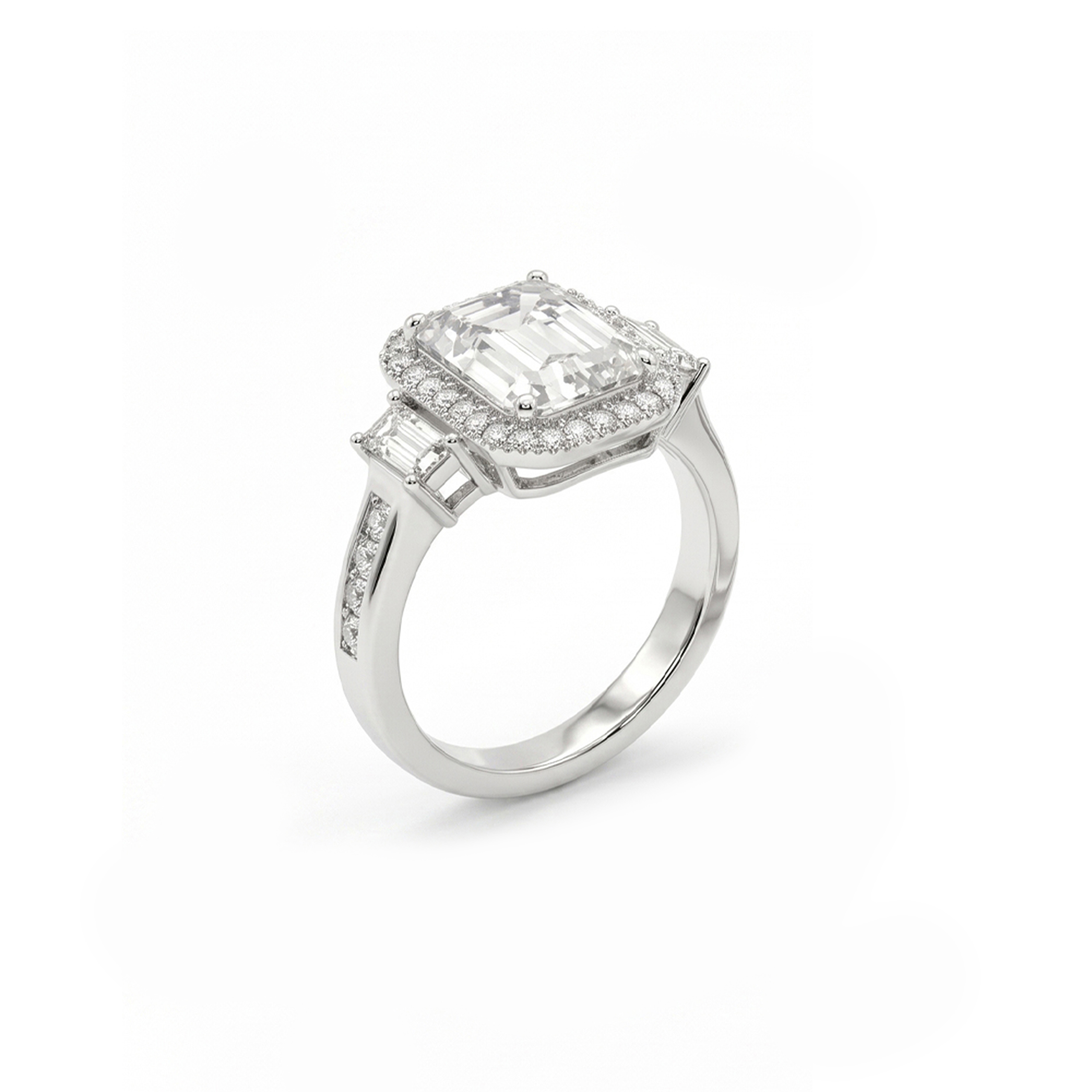 Emerald Cut Halo Silver Ring