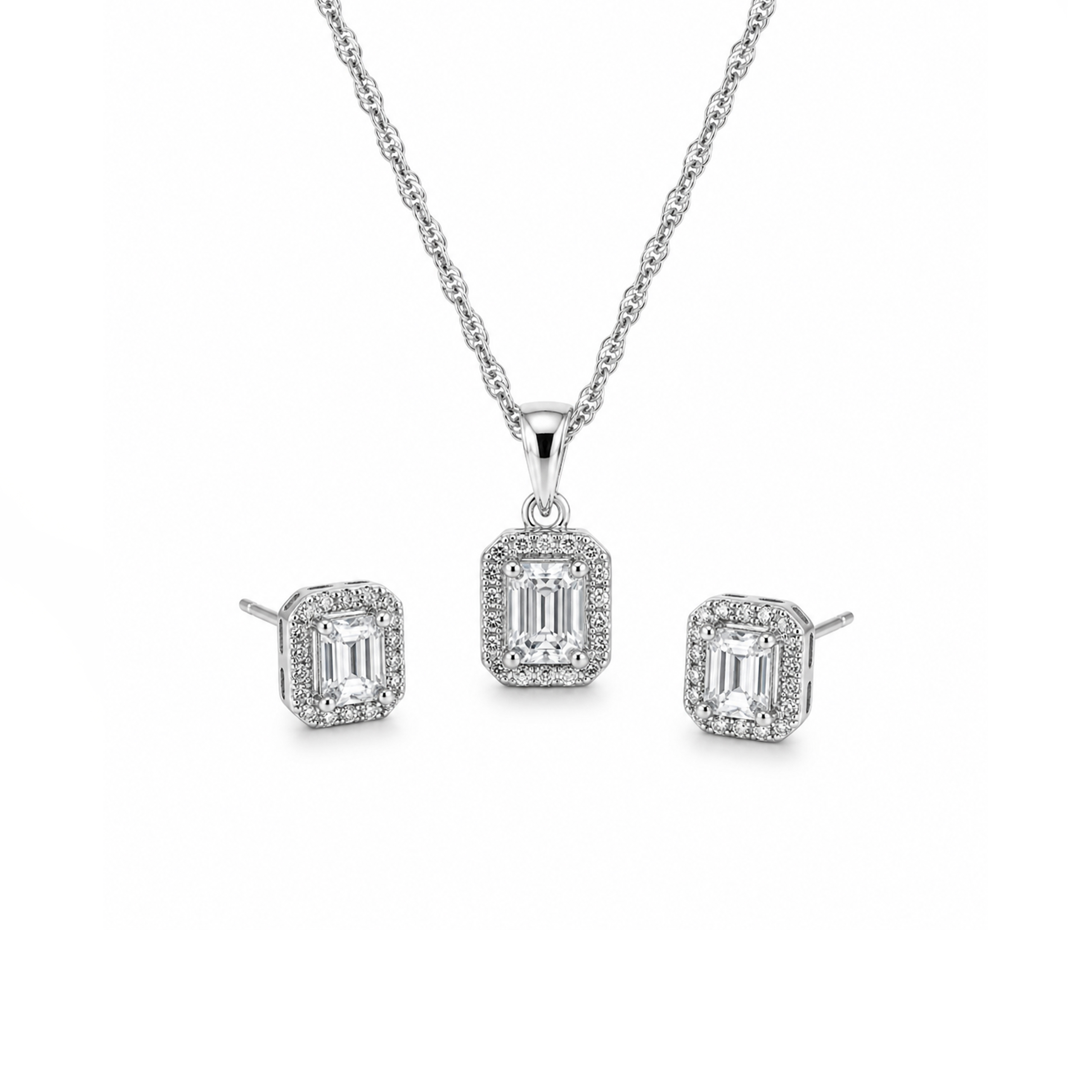 Radiant Emerald Silver Pendant Set