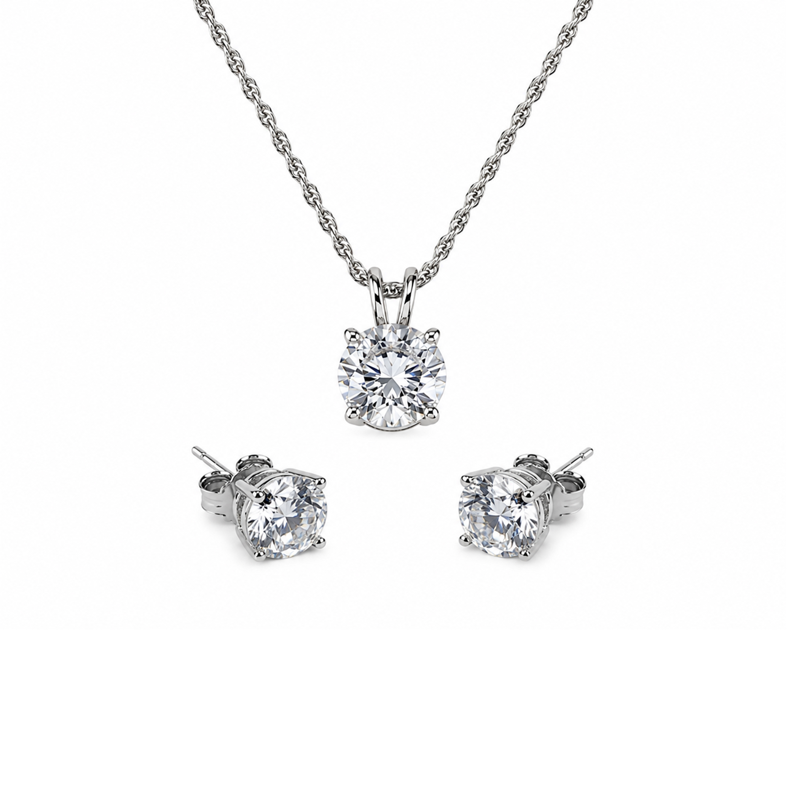 Classic Round Solitaire Silver Pendant Set