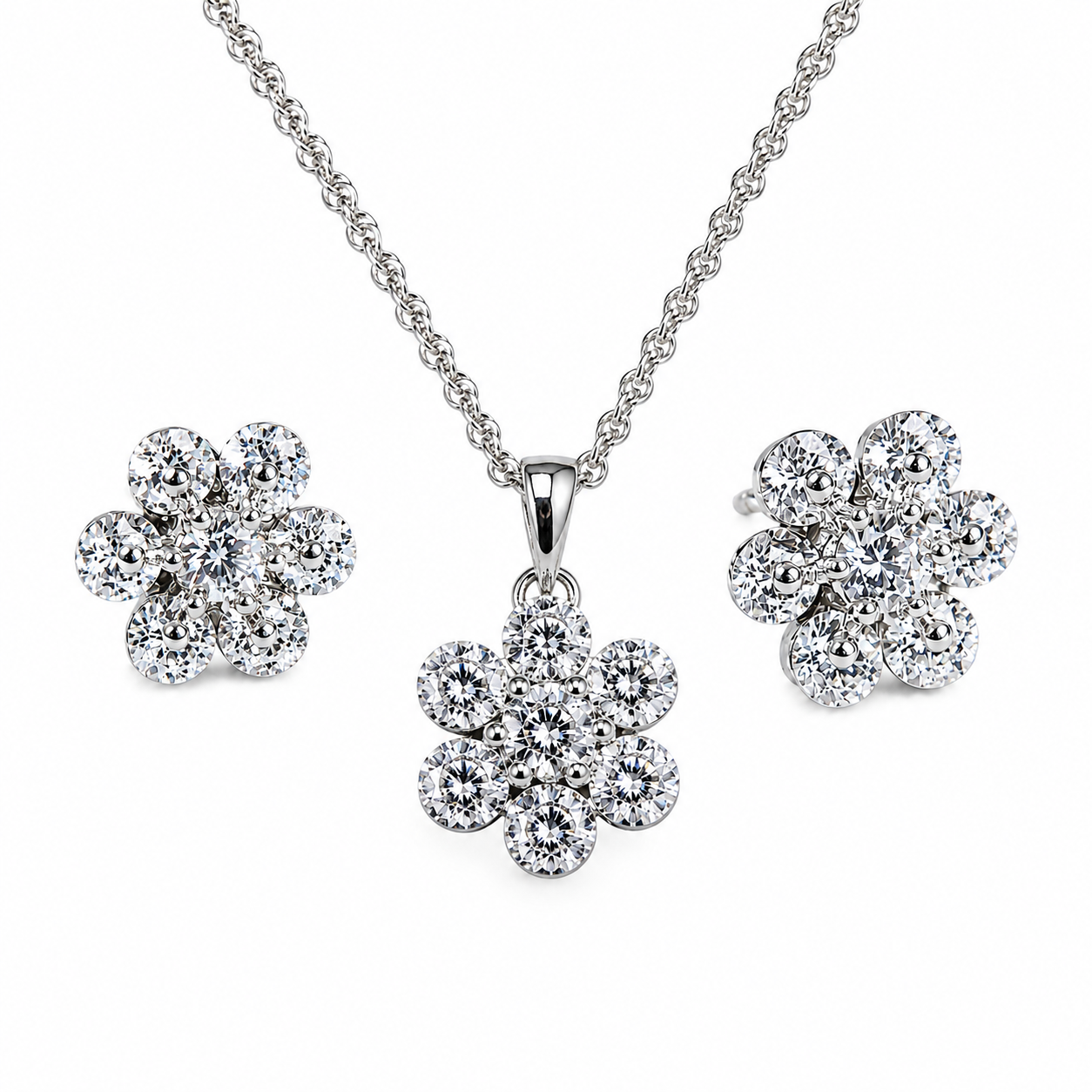 Crystal Flower Silver Pendant Set
