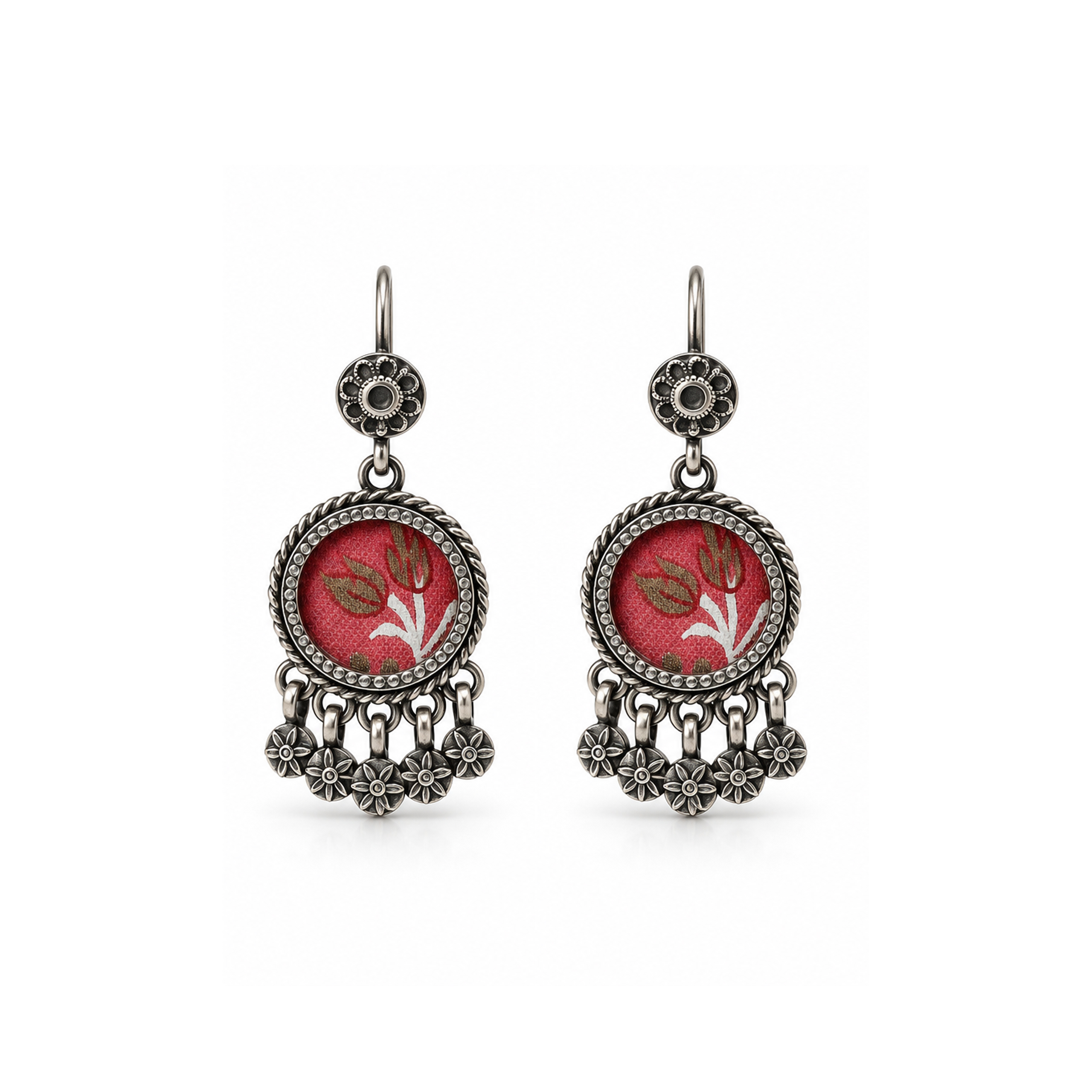 Pink Floral Charm Silver Earrings