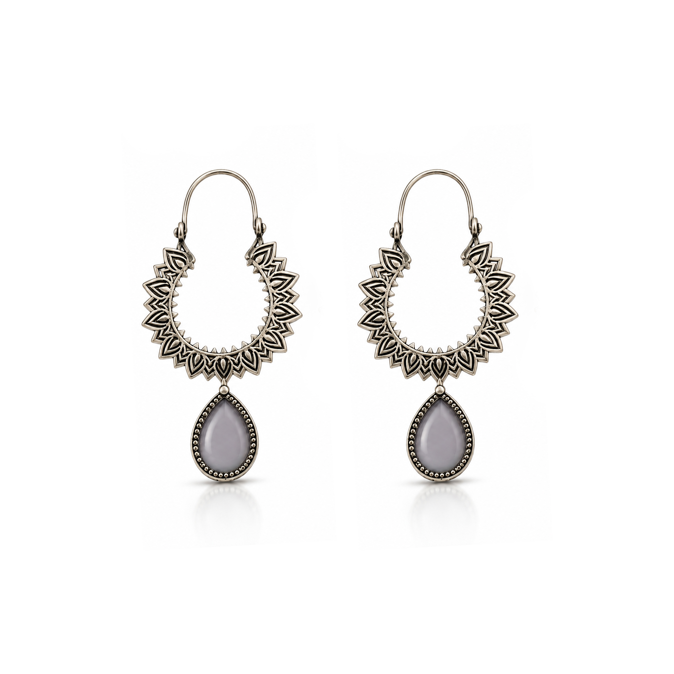 Purple Teardrop Mandala Silver Earrings
