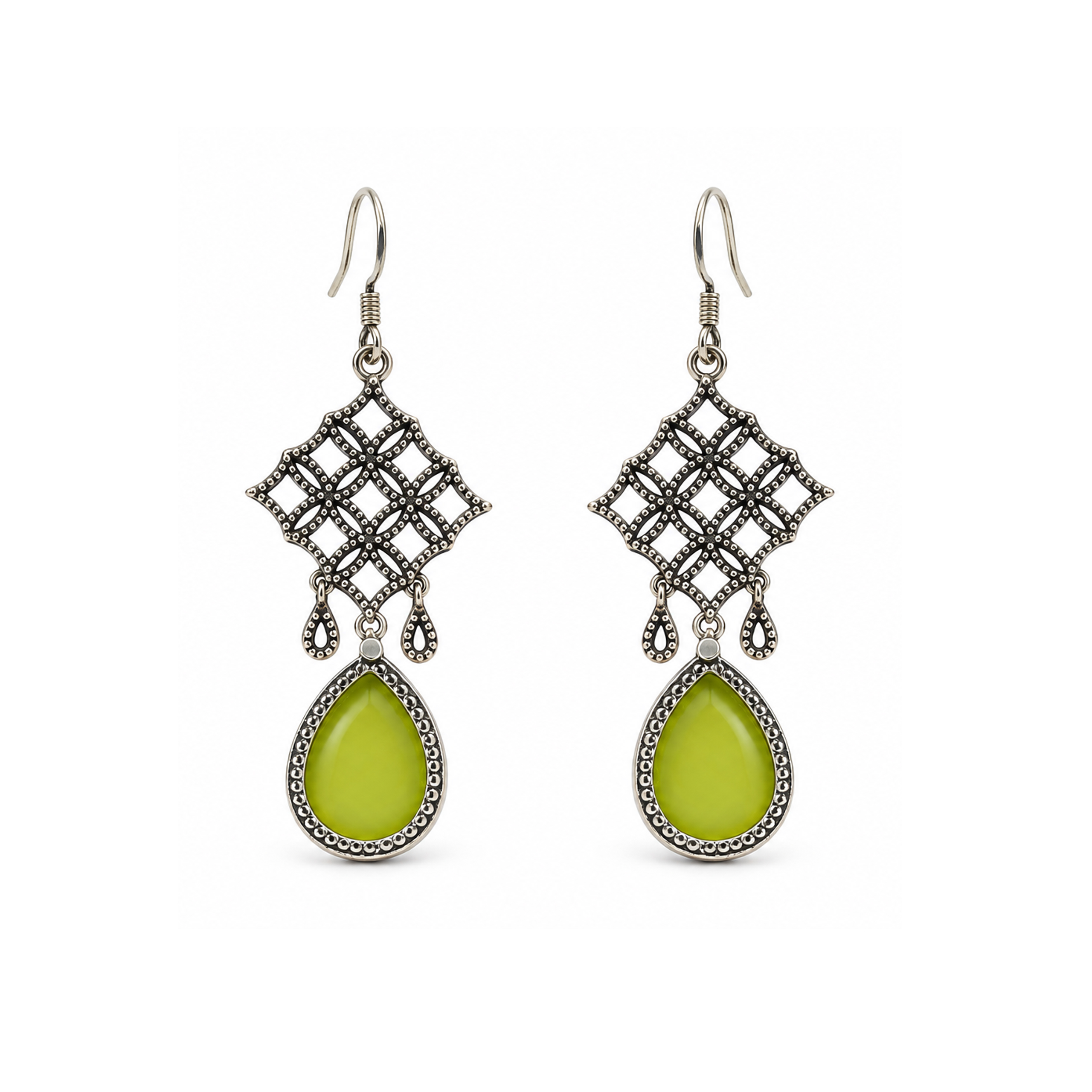 Lime Glow Geometric Silver Earrings