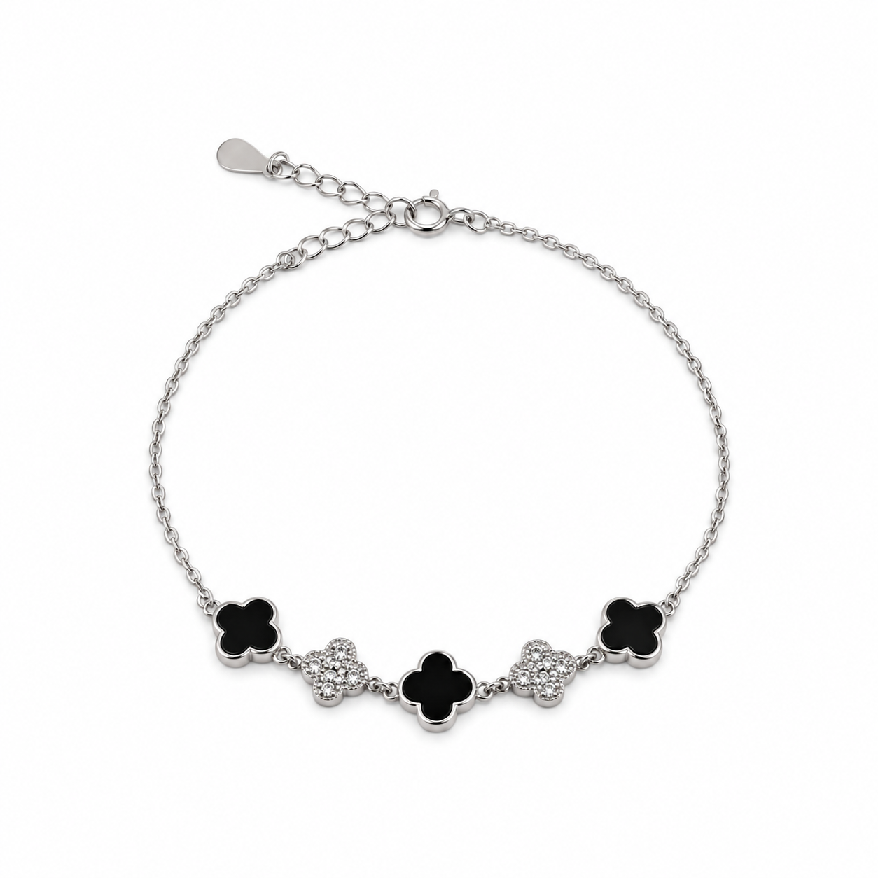 Black and White Clover Silver Bracelet