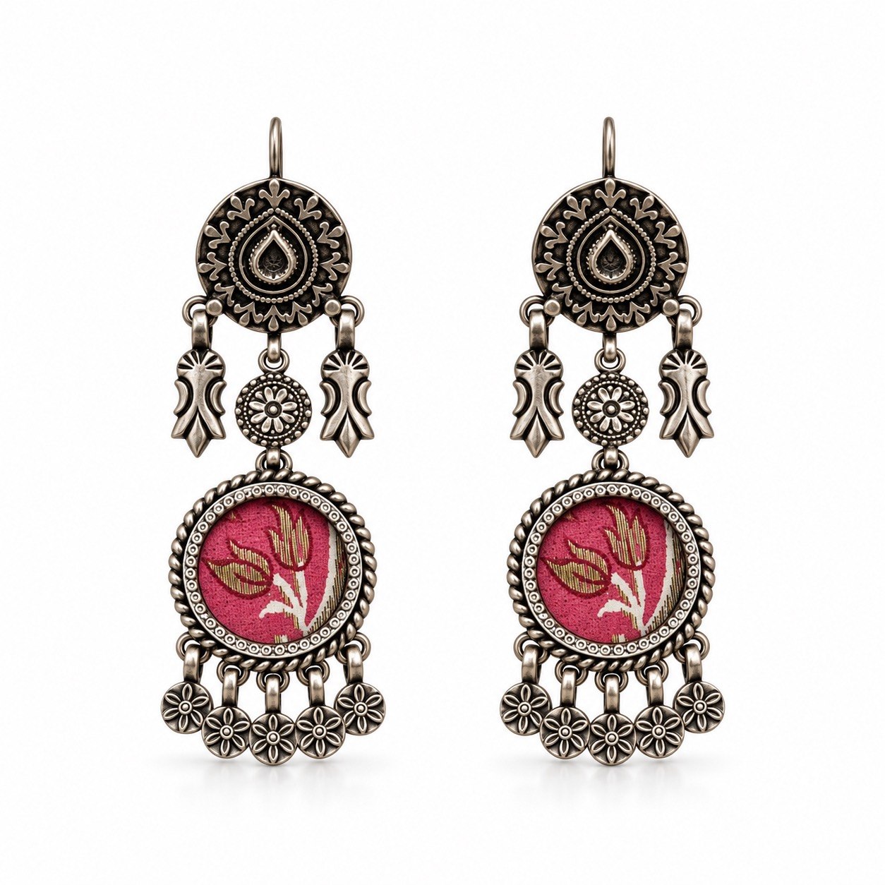 Pink Floral Charm Silver Earrings